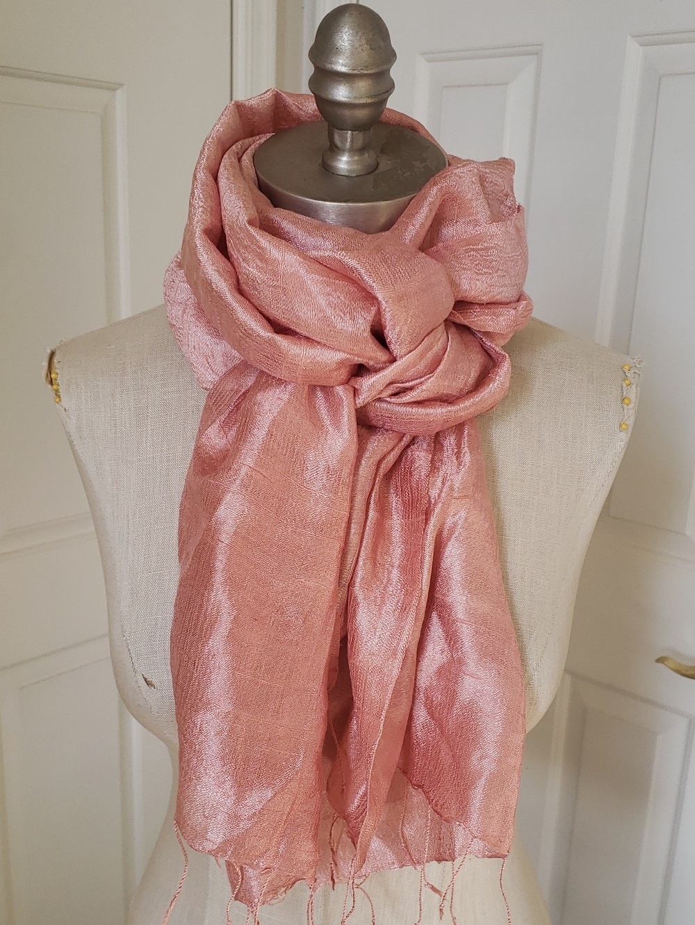 VINTAGE Silk Scarf Bundle of Two | Blush Pink Peach Shantung + Ivory Crepe Silk - Picture 2 of 7